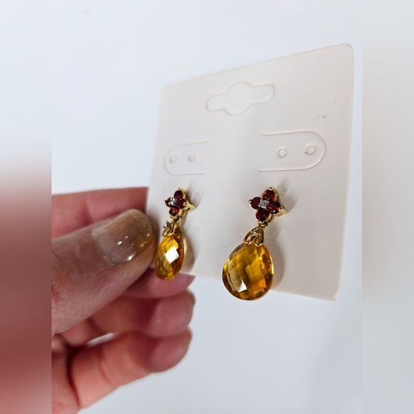 Briolette Citrine and Garnet Drop Earrings in 10K Gold with Diamond Accents - Picture 3 of 5